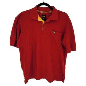 CAT Caterpillar mens Medium Red yellow short sleeve collared polo workwear
